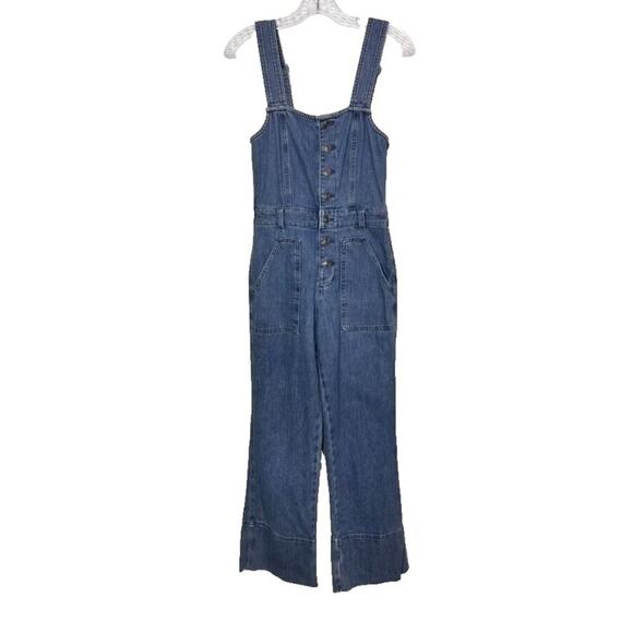 Aerie Overalls Womens XS Blue Button Front Kick Flare Denim Apron Bib - Picture 4 of 16